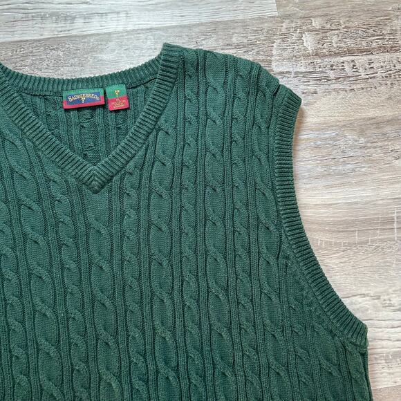 Vintage 90s Saddlebred Green Cable Knit Sweater Vest XL Preppy Academia Vibes - Picture 2 of 6